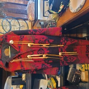 Woolrich Red and Black Southwestern Hooded Trench Coat with Toggle Ties